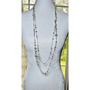 Stella & Dot Madeline Faux Pearl Necklace Two Strand Silver Tone Sparkling 38”